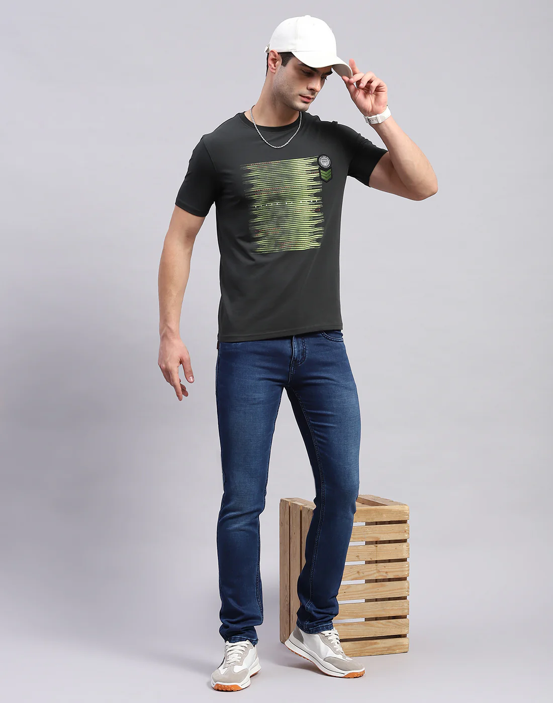 Men Olive Printed Round Neck Half Sleeve T-Shirt - Image 2