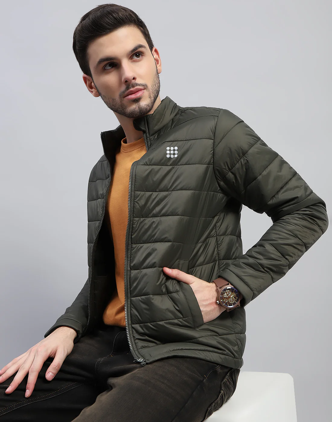 Rock.it Men Olive Solid Band Collar Full Sleeve Jacket