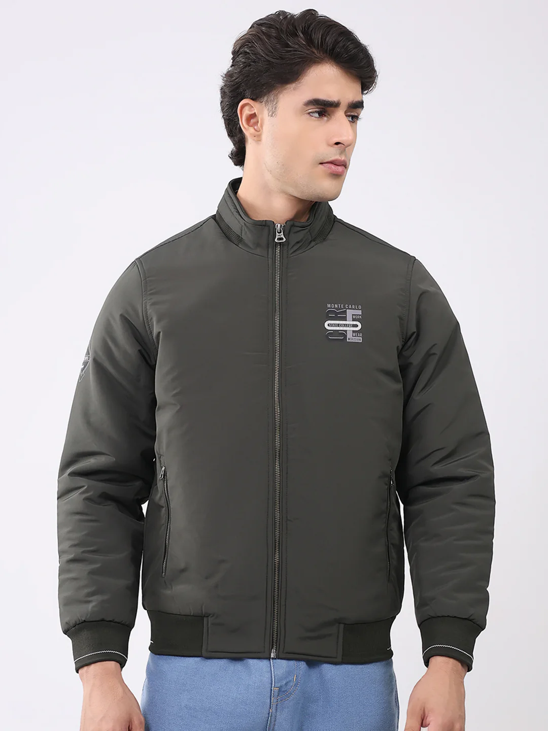 Men Olive Solid Collar Full Sleeve Jacket