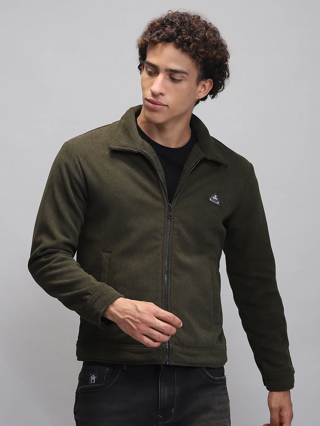 Rock.it Men Olive Solid Collar Full Sleeve Knitted Jacket