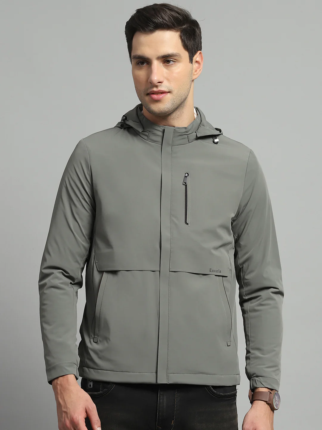 Luxuria Men Olive Solid Detachable Hood Full Sleeve Jacket