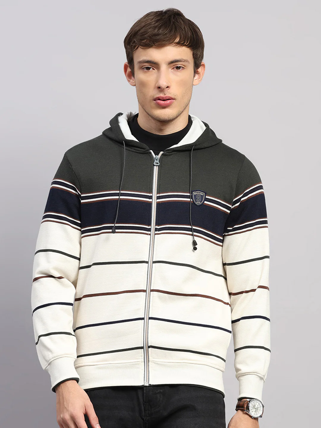 Men Olive Solid Hooded Full Sleeve Sweatshirt