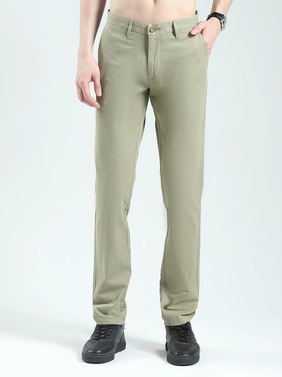 Men Olive Solid Slim Fit Trouser