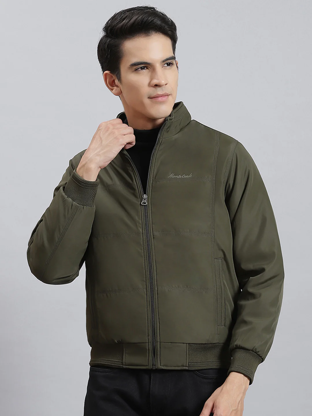 Men Olive Solid Stand Collar Full Sleeve Jackets - Image 2