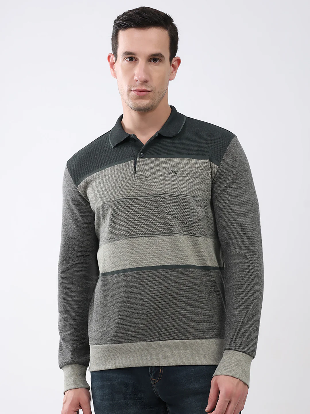 Men Olive Stripe Collar Full Sleeve Winter T-Shirt