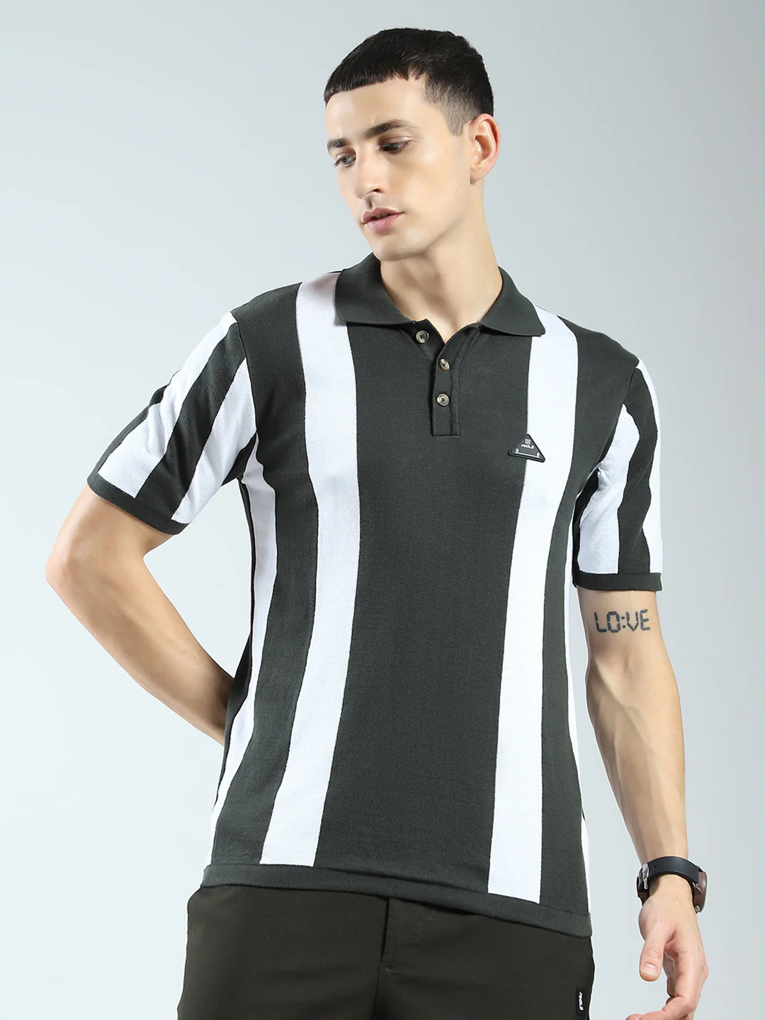Rock.it Men Olive Stripe Collar Half Sleeve T-Shirt