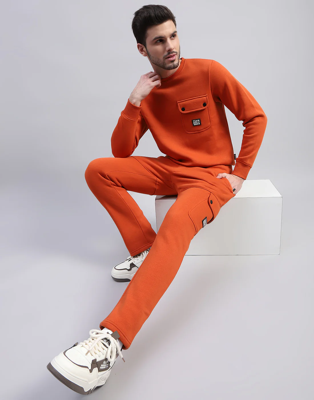 Rock.it Men Orange Solid Round Neck Full Sleeve Tracksuit