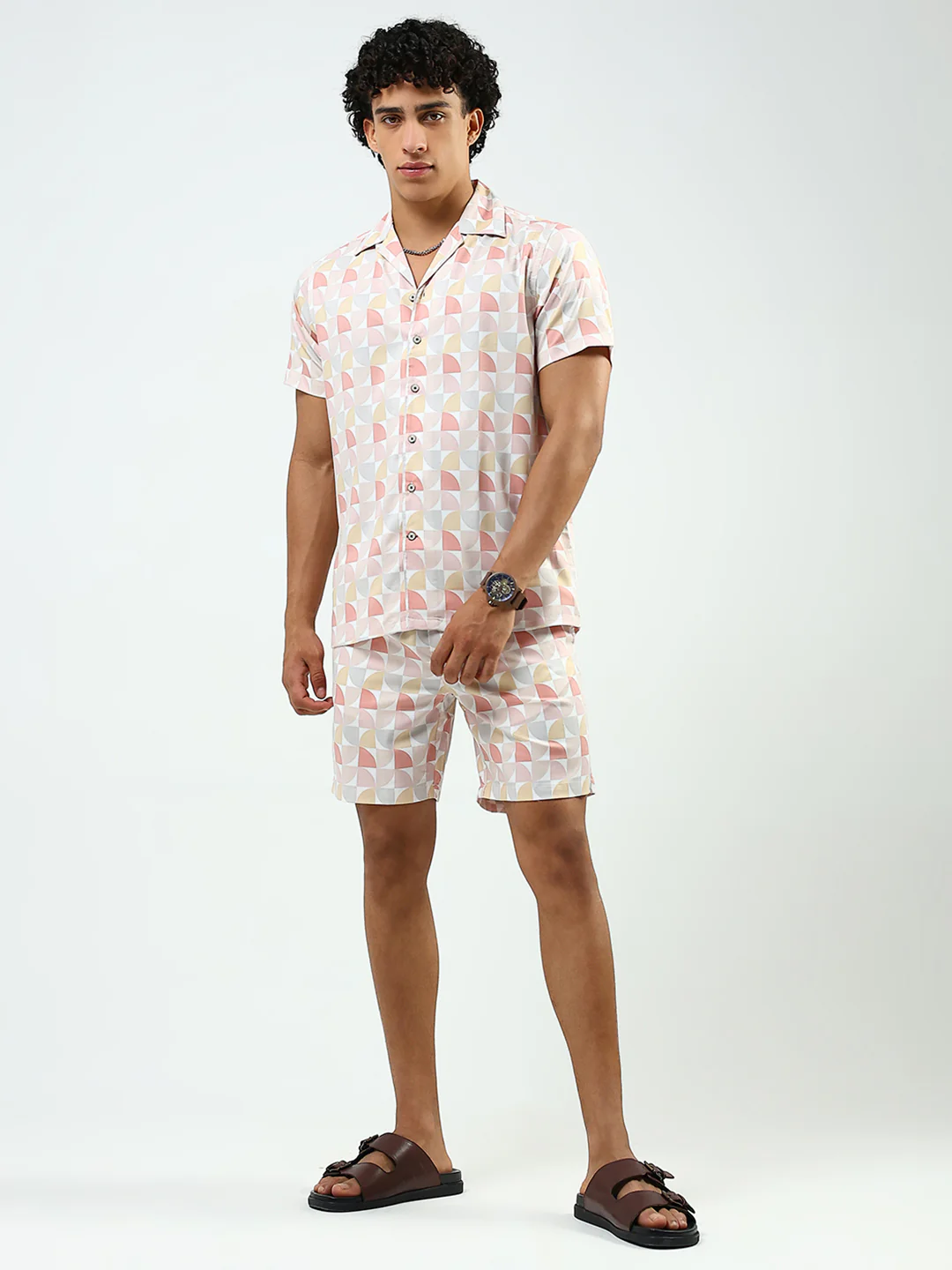 Men Peach Printed Collar Half Sleeve Cords Set