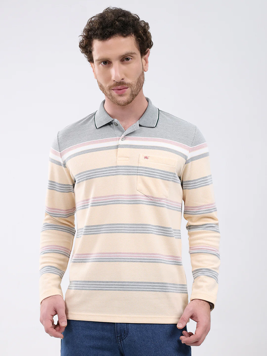 Men Peach Stripe Collar Full Sleeve Winter T-Shirt