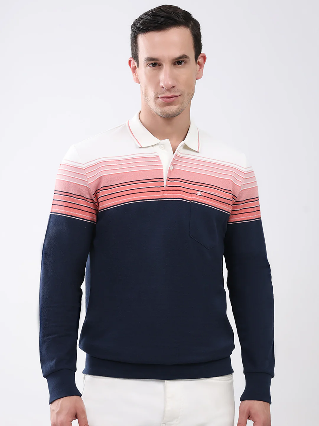 Men Pink & Navy Blue Stripe Collar Full Sleeve Winter T-Shirt