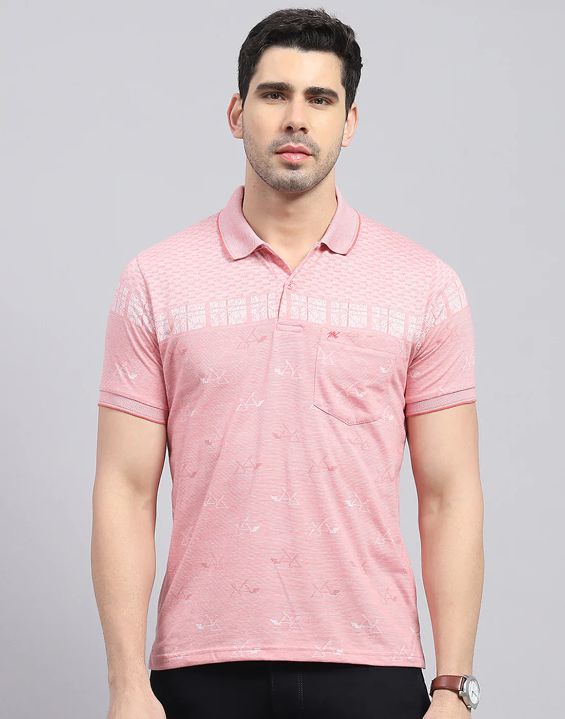 Men Pink Printed Polo Collar Half Sleeve T-Shirt