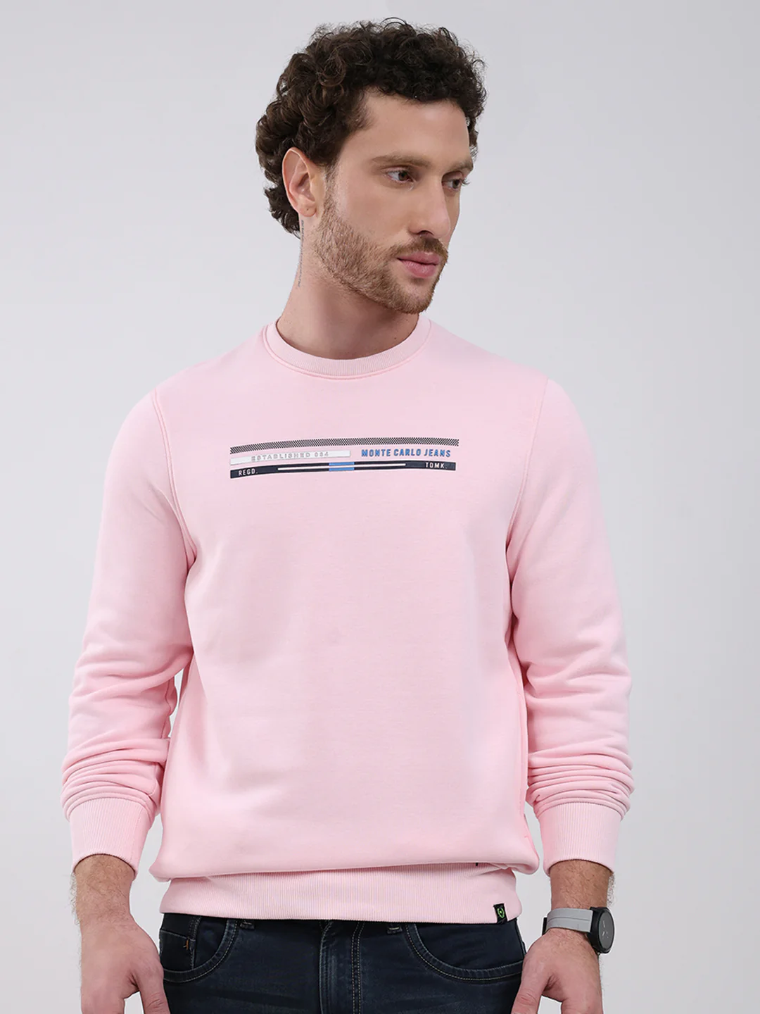 Men Pink Printed Round Neck Full Sleeve Sweatshirt