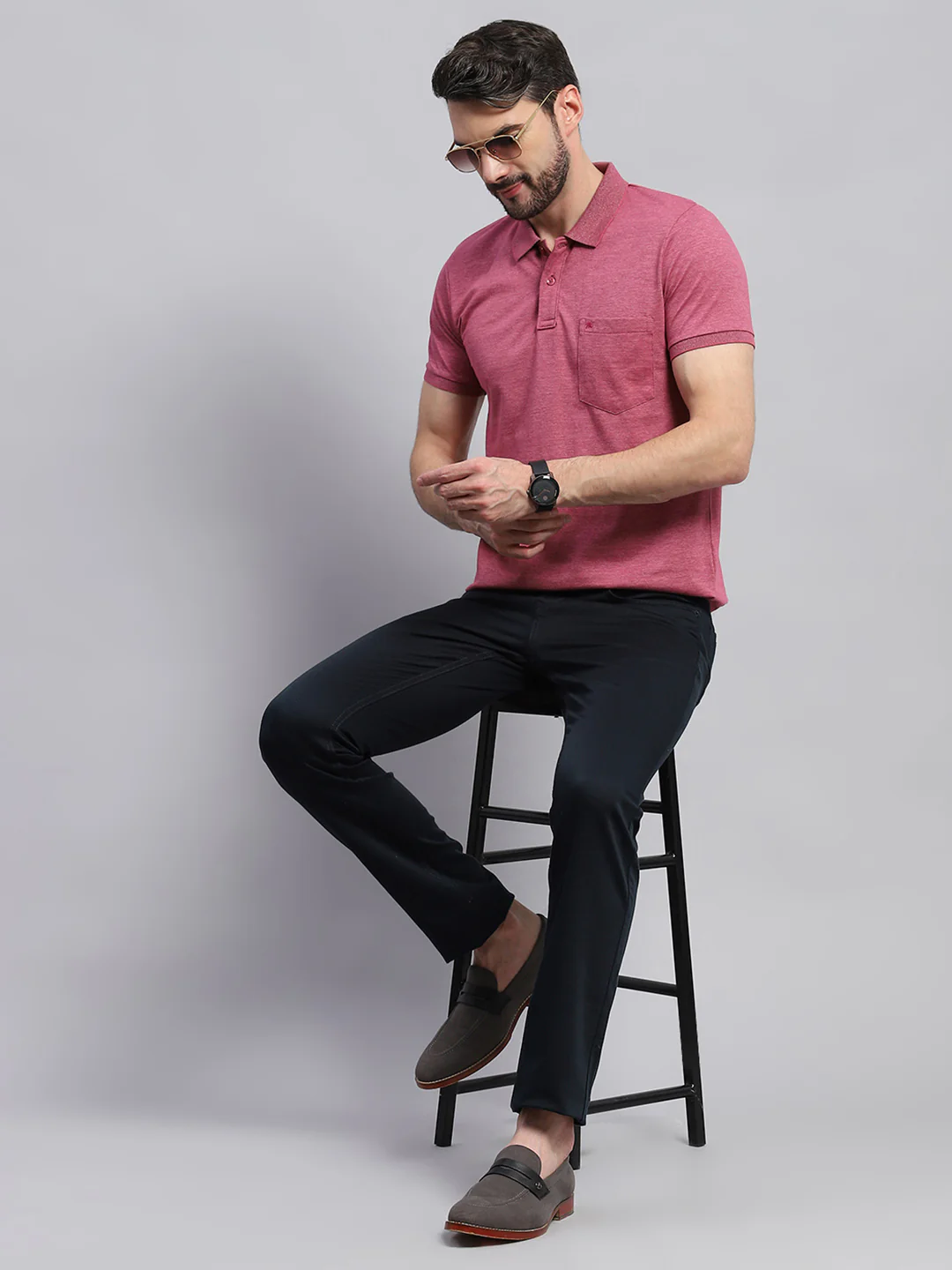 Men Pink Solid Collar Half Sleeve T-Shirt