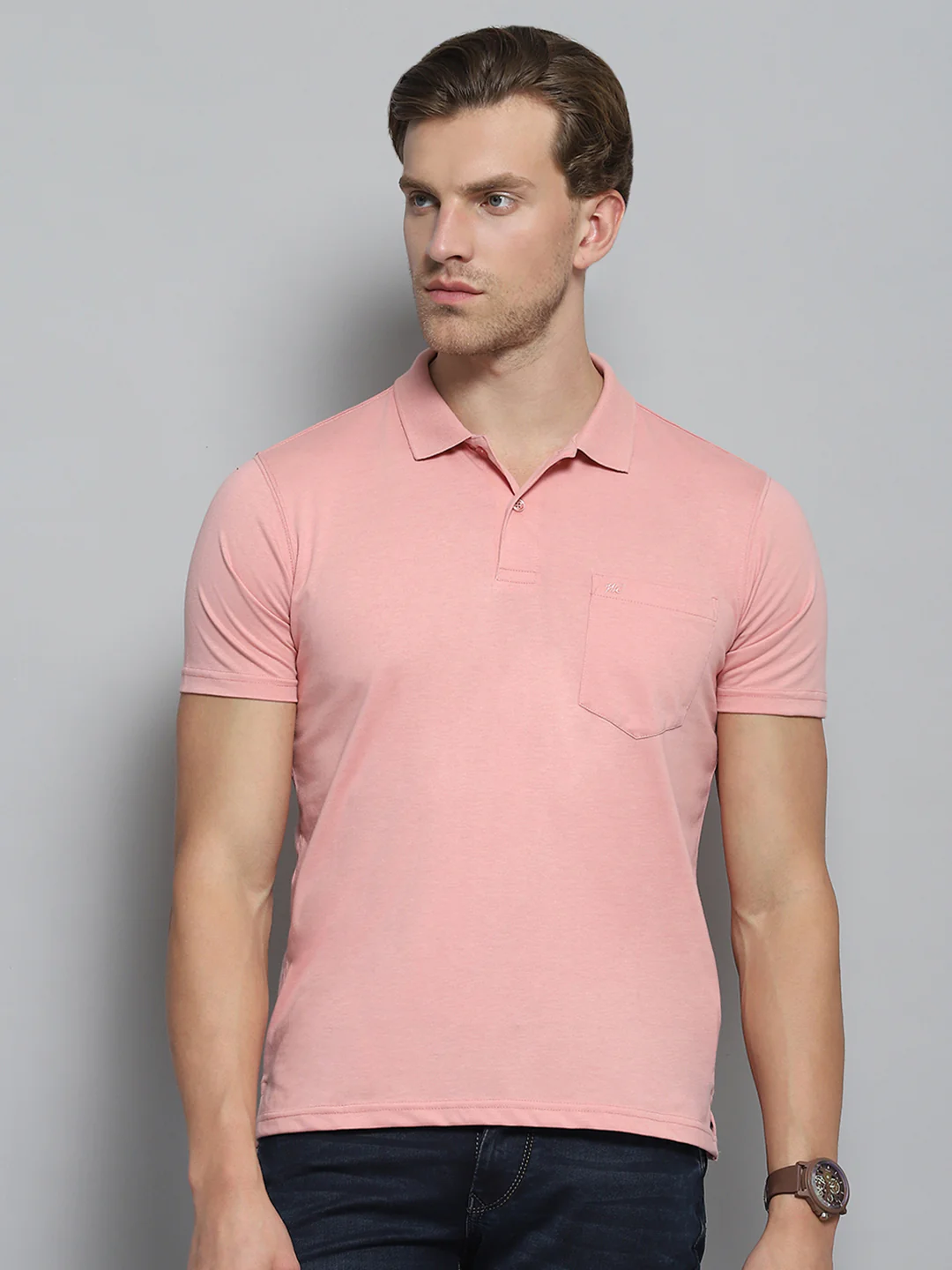 Men Pink Solid Collar Half Sleeve T-Shirt