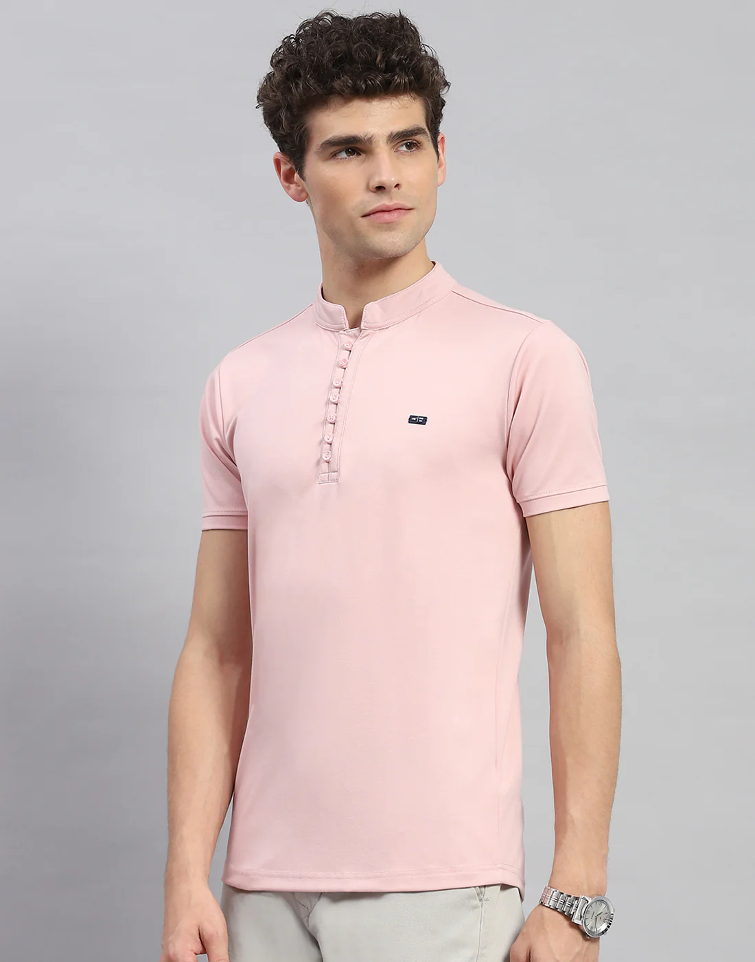 Men Pink Solid Mandarin Neck Half Sleeve T-Shirt - Image 3