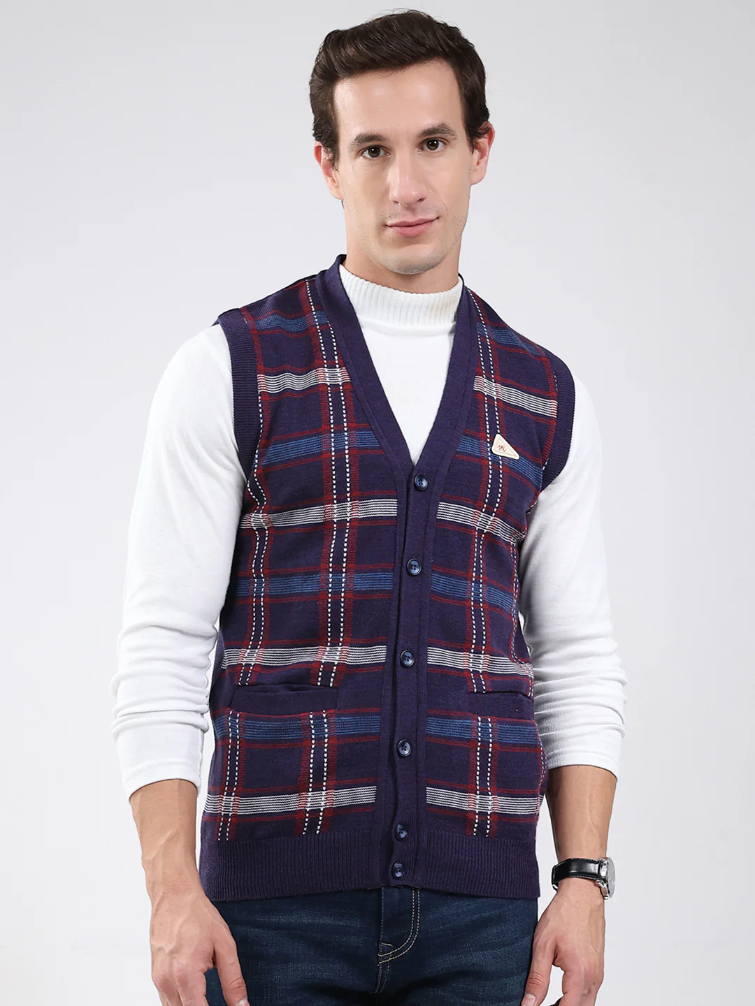 Men Purple Check V Neck Sleeveless Cardigan
