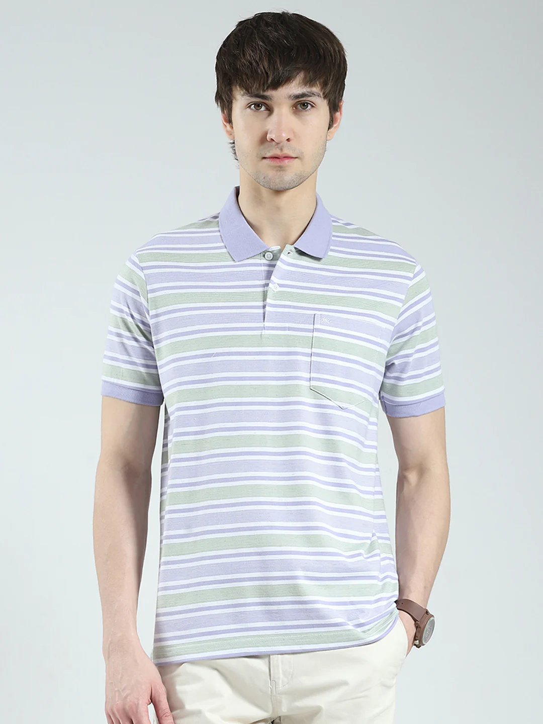 Men Purple Stripe Collar Half Sleeve T-Shirt