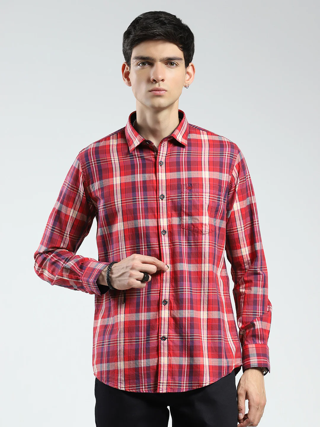 Men Red Check Collar Full Sleeve Shirt