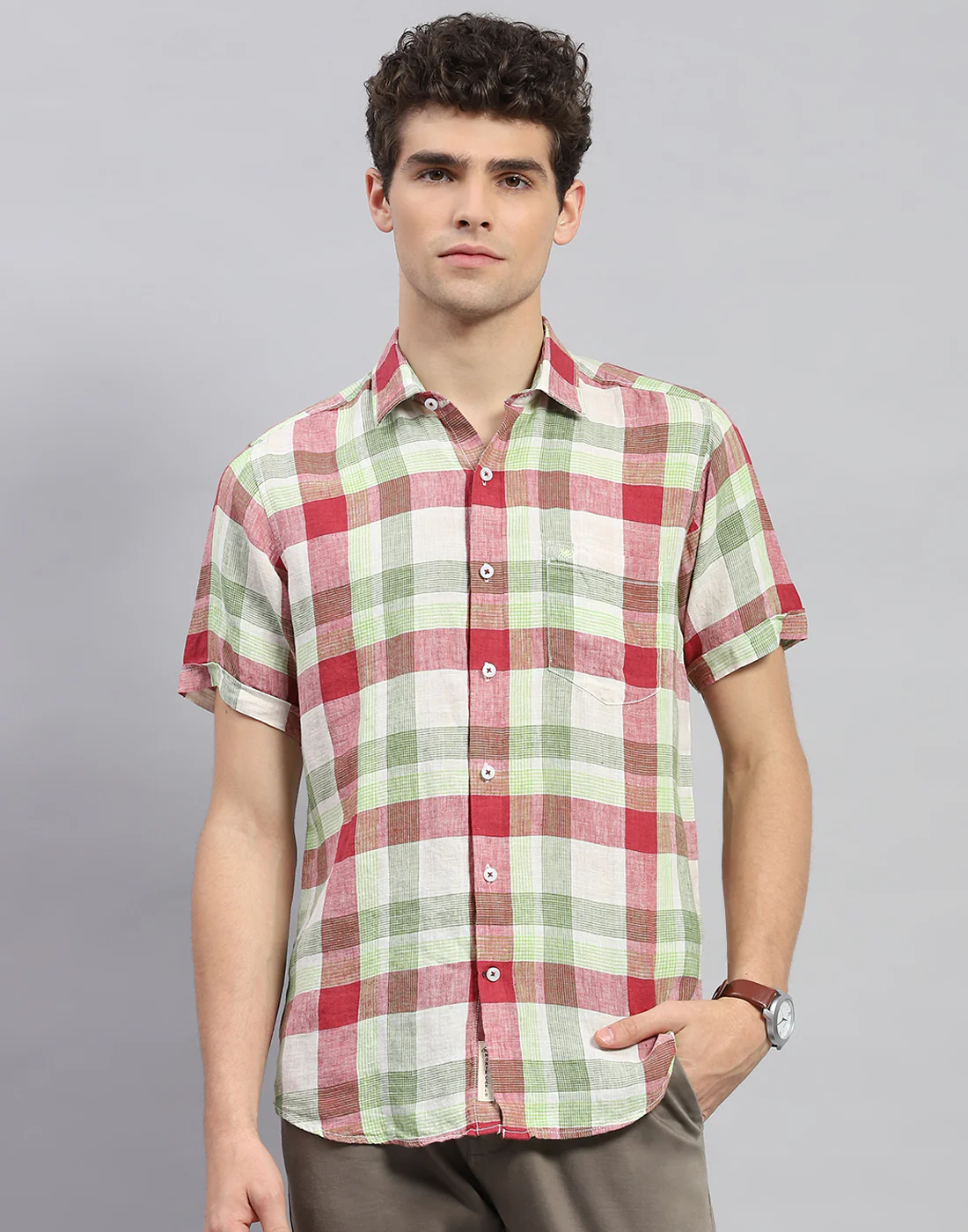 Men Red Check Collar Neck Half Sleeve Linen Shirt