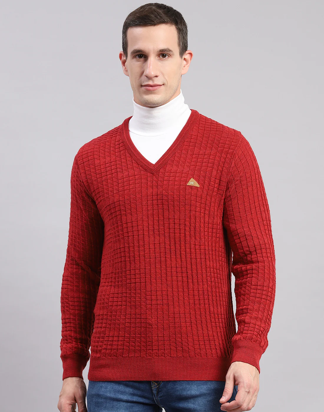 Men Red Self Design V Neck Full Sleeve Sweaters/Pullovers - Image 2