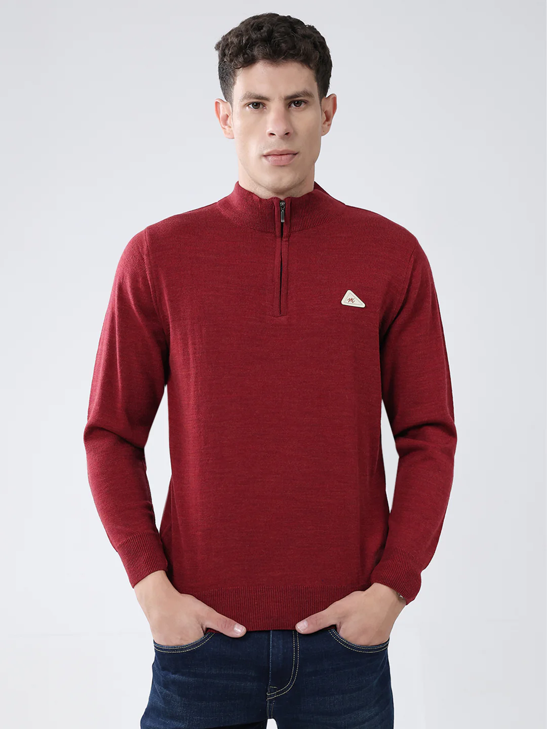 Men Red Solid Mock Neck Full Sleeve Pullover