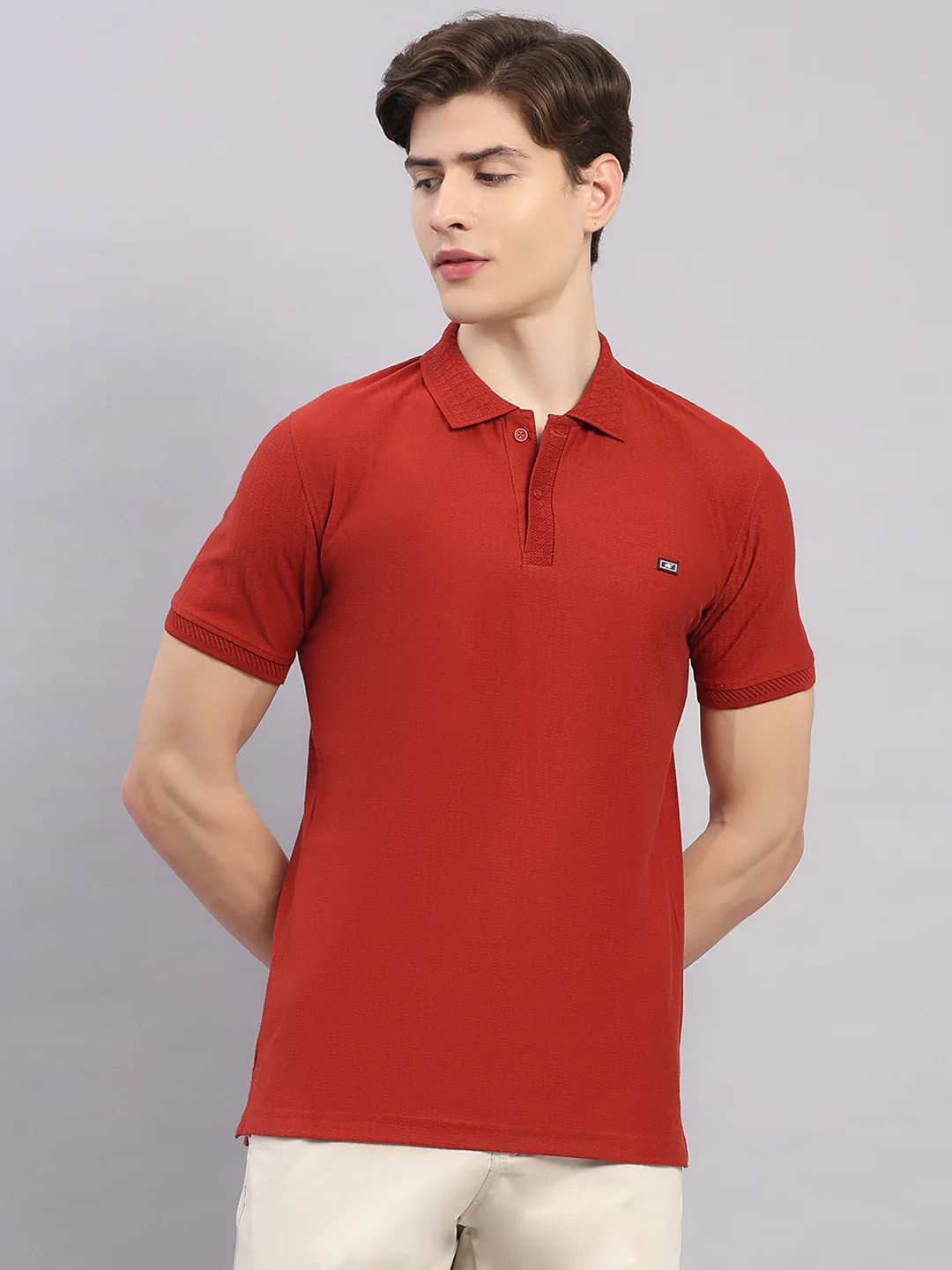 Men Rust Geometric Stand Collar Half Sleeve T-Shirt