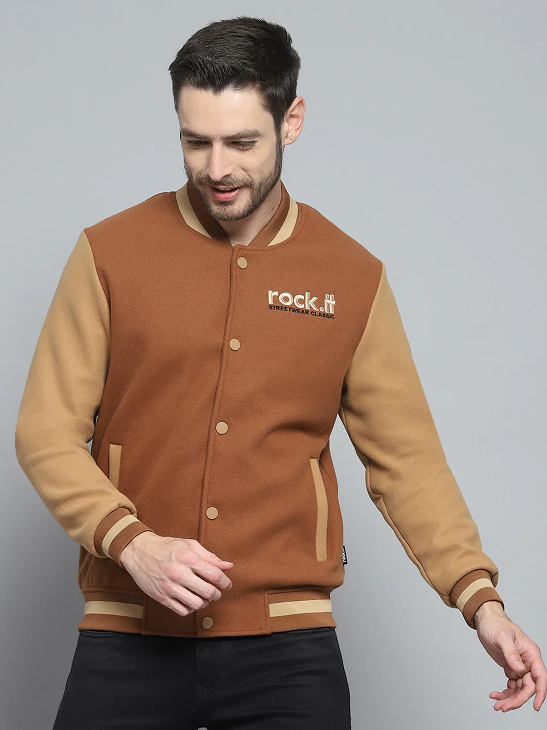 Rock.it Men Rust Printed Band Collar Full Sleeve Sweatshirt