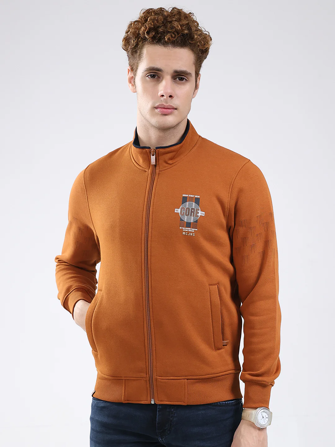 Men Rust Printed Mock Neck Full Sleeve Sweatshirt
