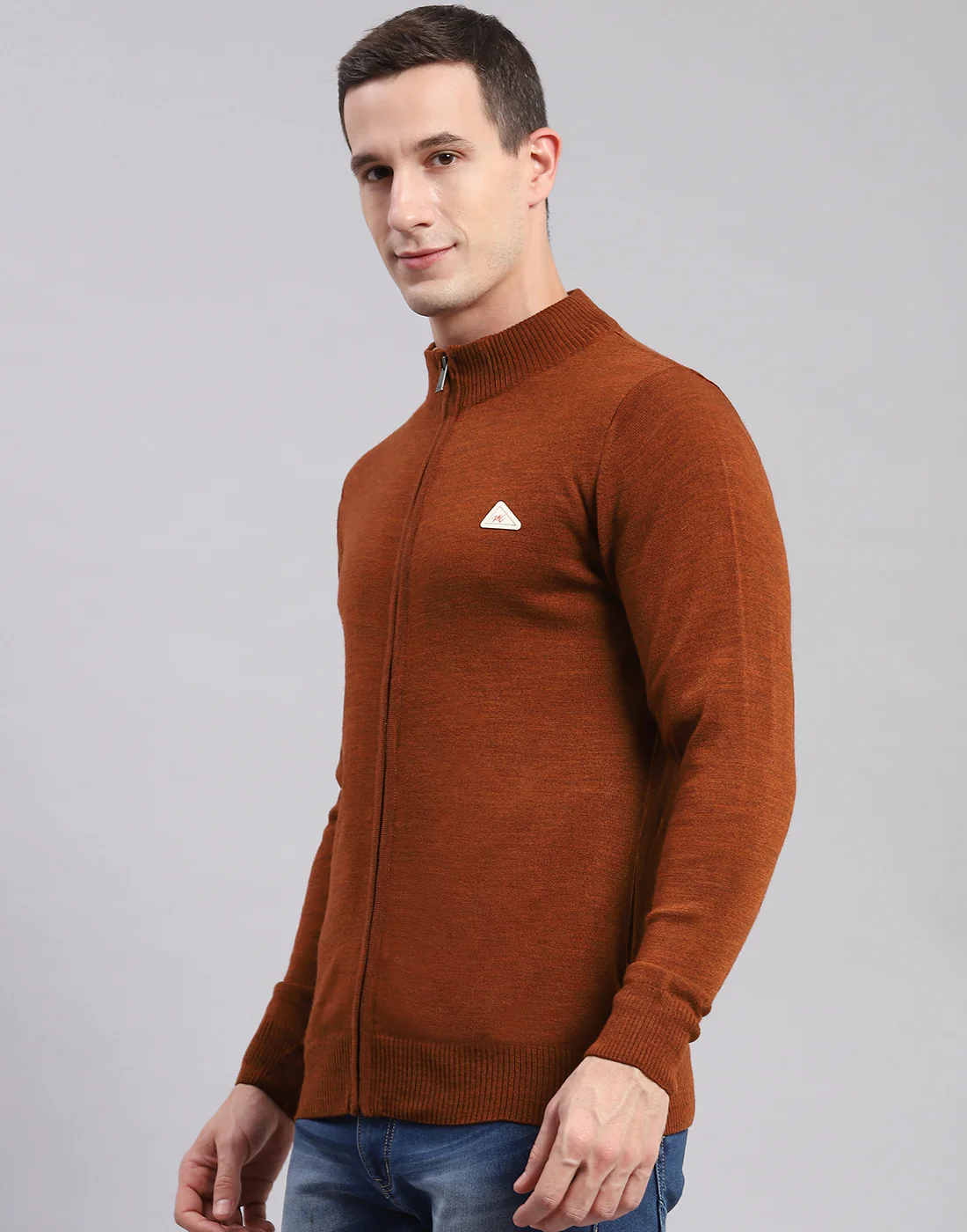 Men Rust Solid Stand Collar Full Sleeve Sweaters/Pullovers - Image 3