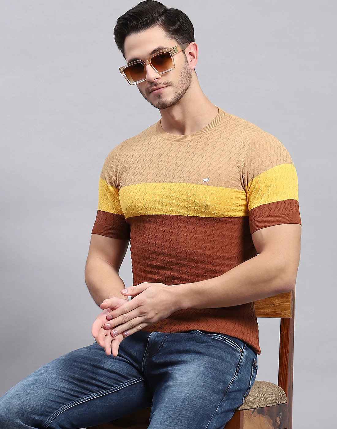Men Rust Stripe Round Neck Half Sleeve T-Shirt - Image 2