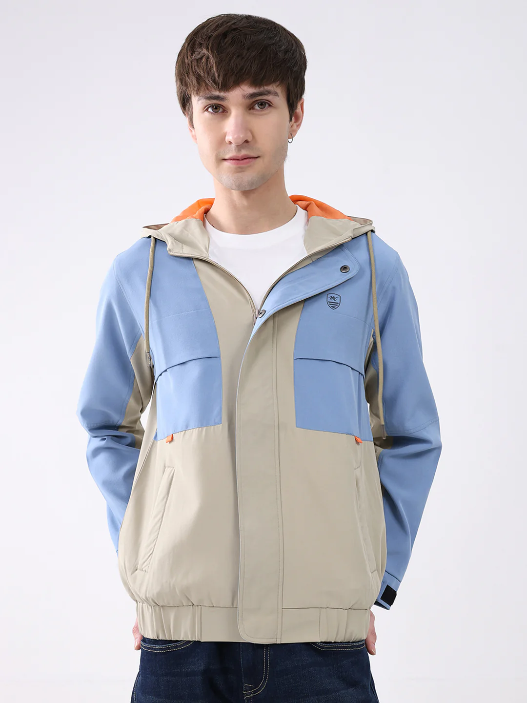 Men Sky Blue Printed Collar Full Sleeve Jacket