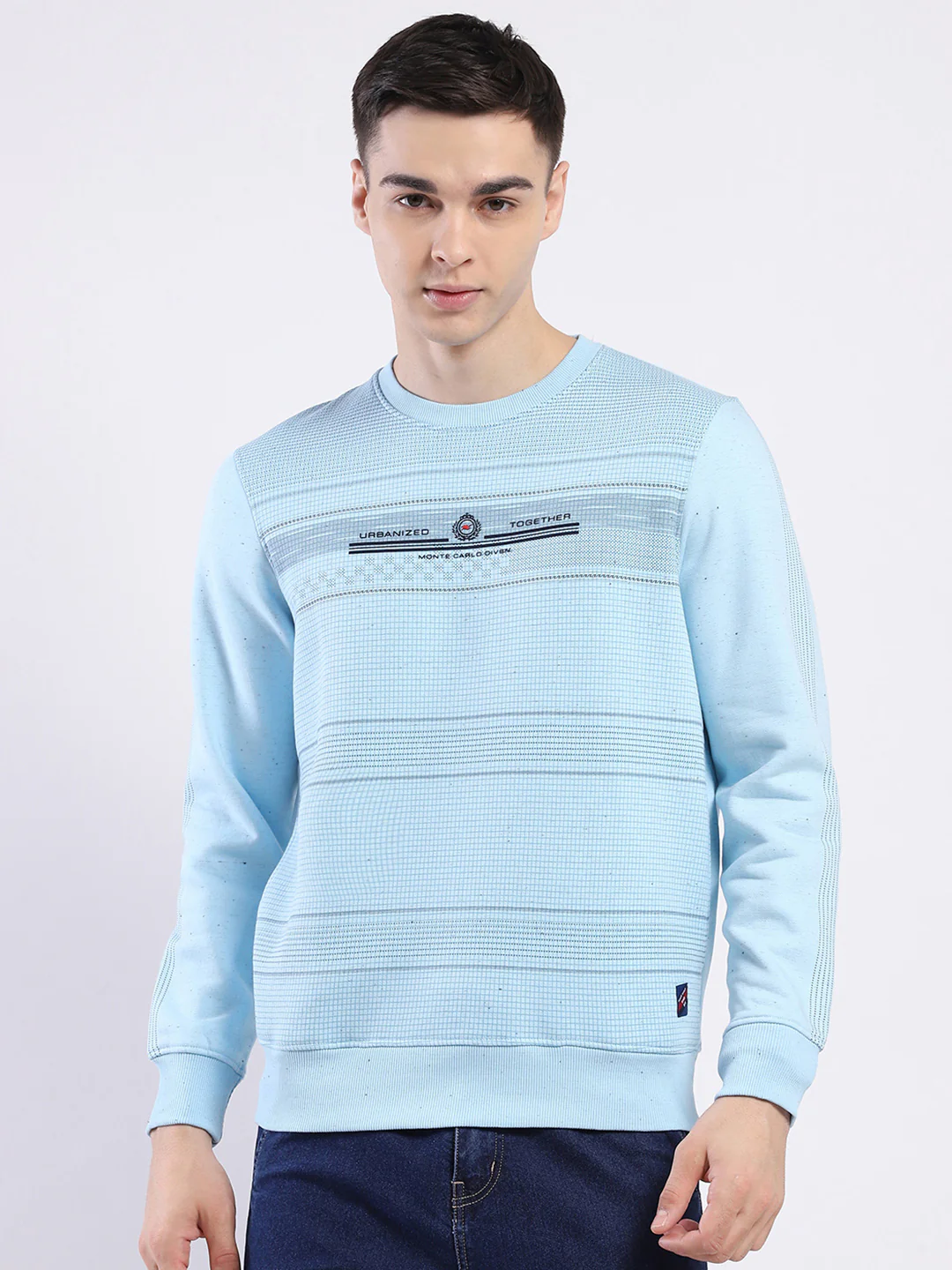 Men Sky Blue Printed Round Neck Full Sleeve Sweatshirt