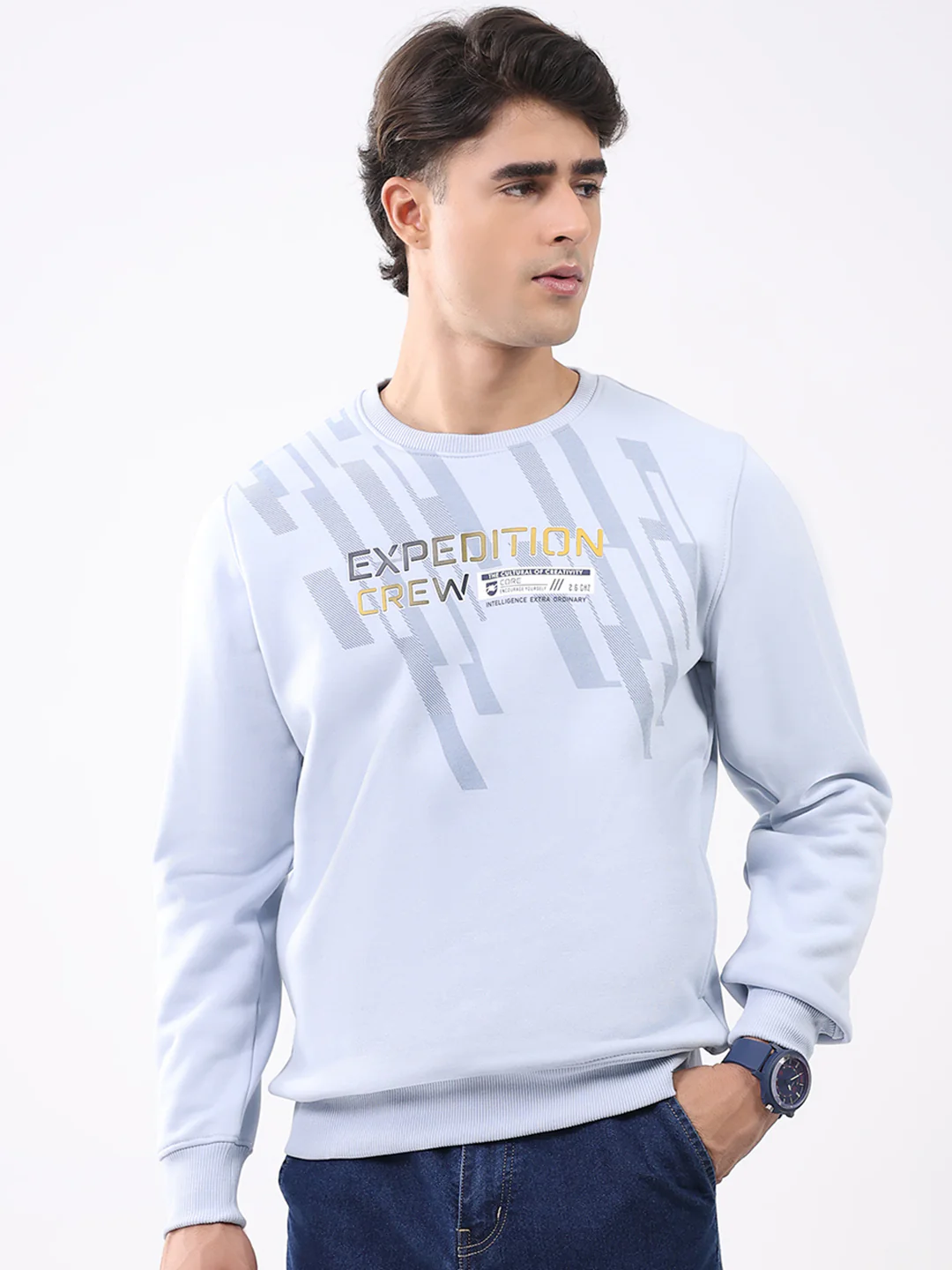 Men Sky Blue Printed Round Neck Full Sleeve Sweatshirt