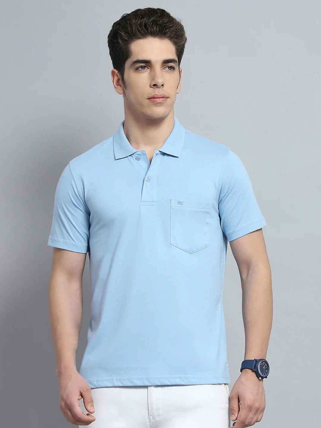 Men Sky Blue Solid Collar Half Sleeve T-Shirt