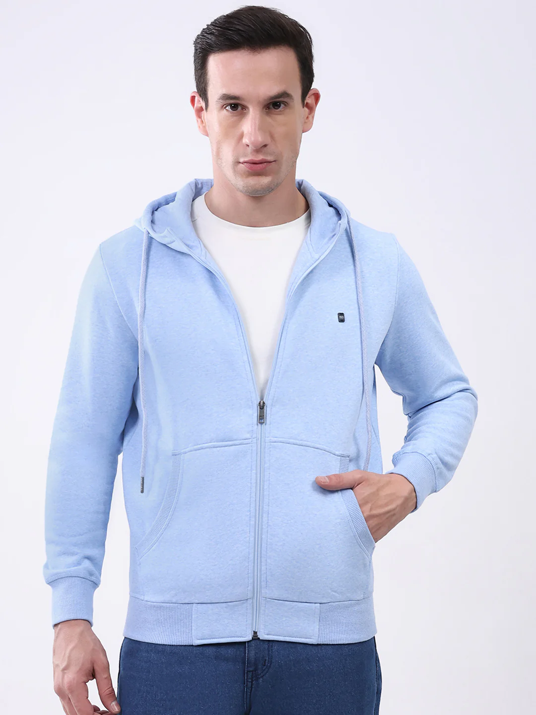 Men Sky Blue Solid Hooded Full Sleeve Sweatshirt