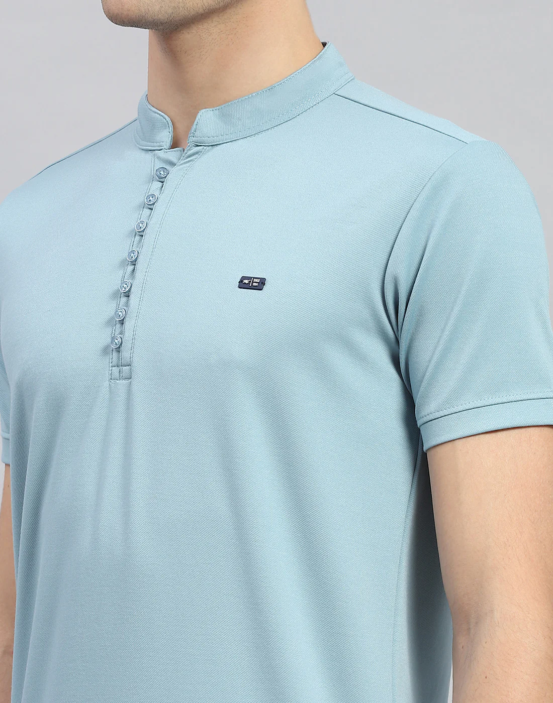 Men Sky Blue Solid Mandarin Neck Half Sleeve T-Shirt - Image 6