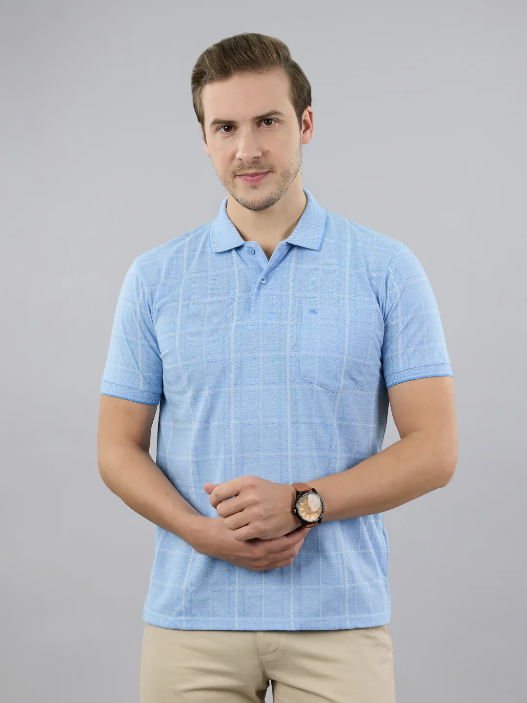 Men Sky Blue Stripe Polo Collar Half Sleeve T-Shirt