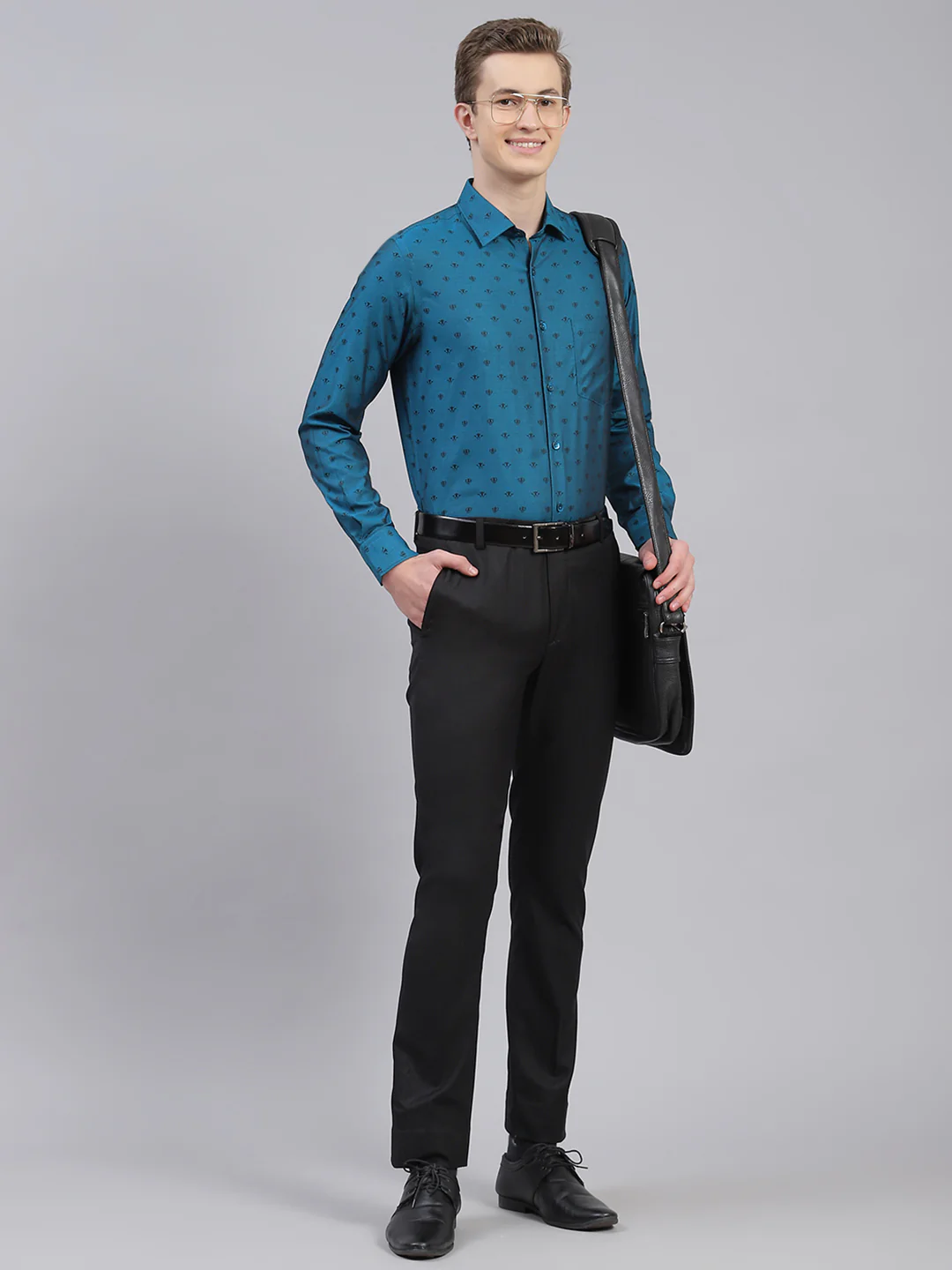 Men Teal Blue Jaquard Shirt