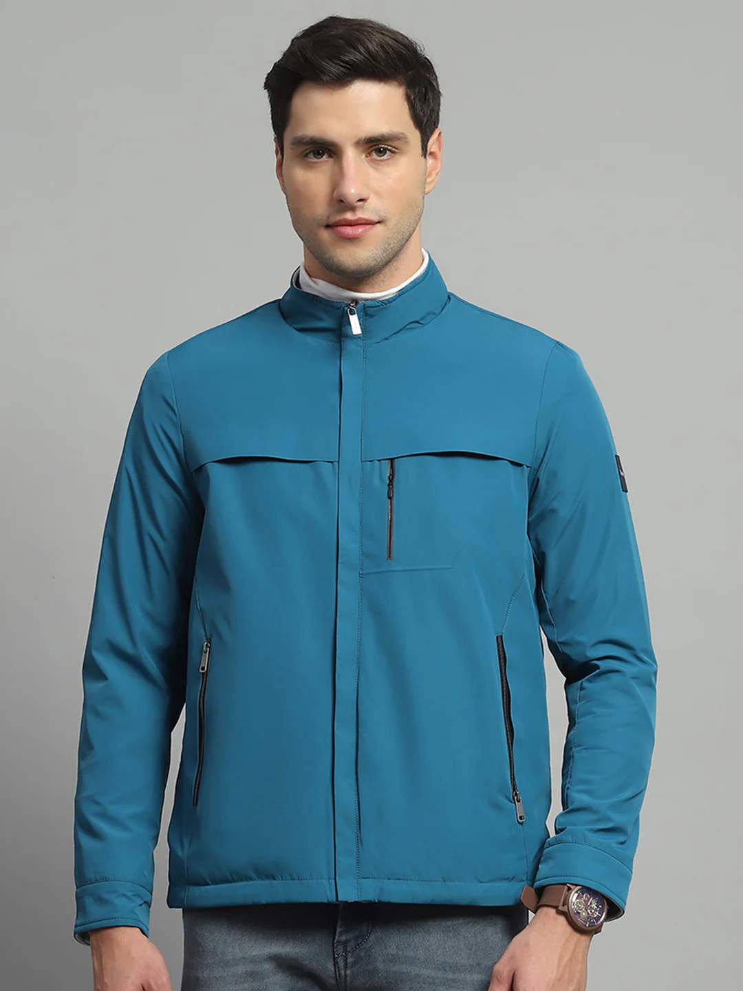Luxuria Men Teal Blue Solid Mock Neck Full Sleeve Reversible Jacket