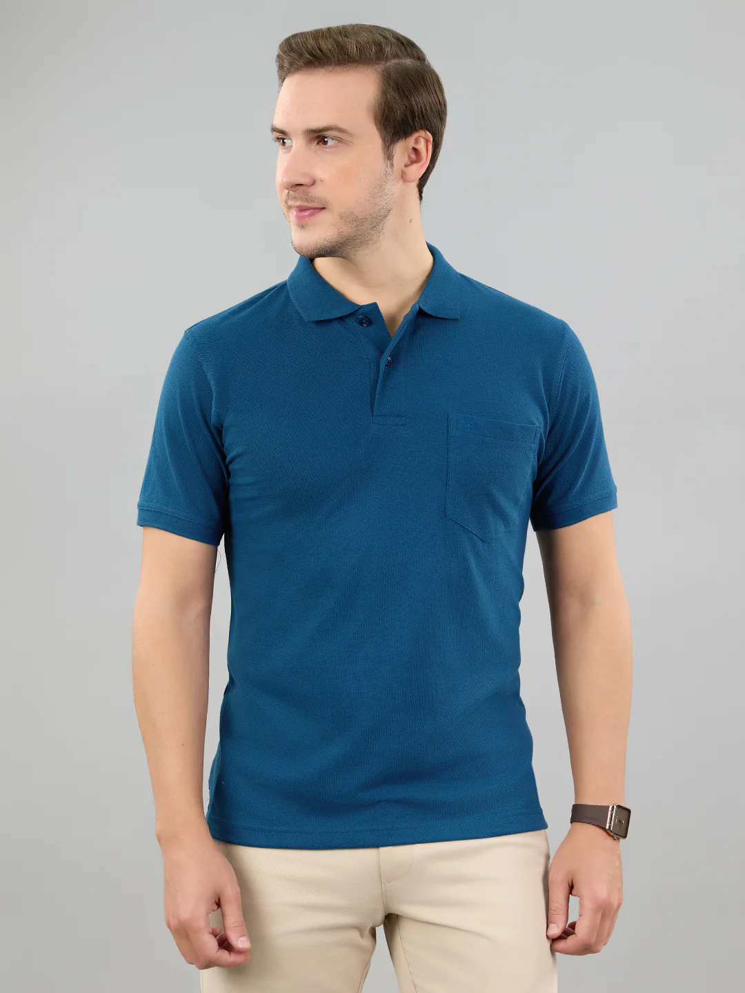 Men Teal Blue Solid Polo Collar Half Sleeve T-Shirt