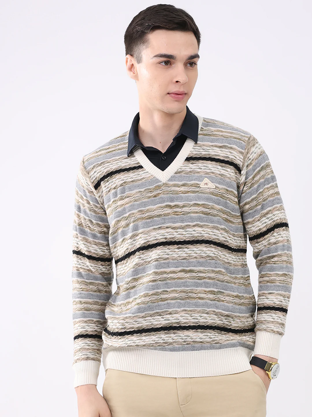 Men White Abstract V Neck Full Sleeve Pullover