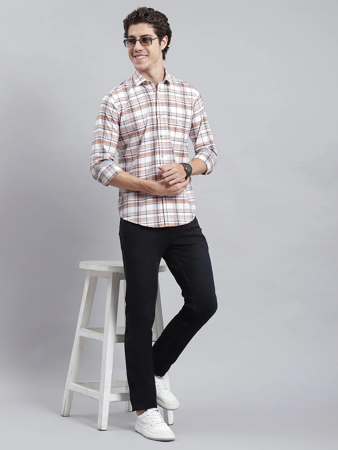 Men White Check Shirt