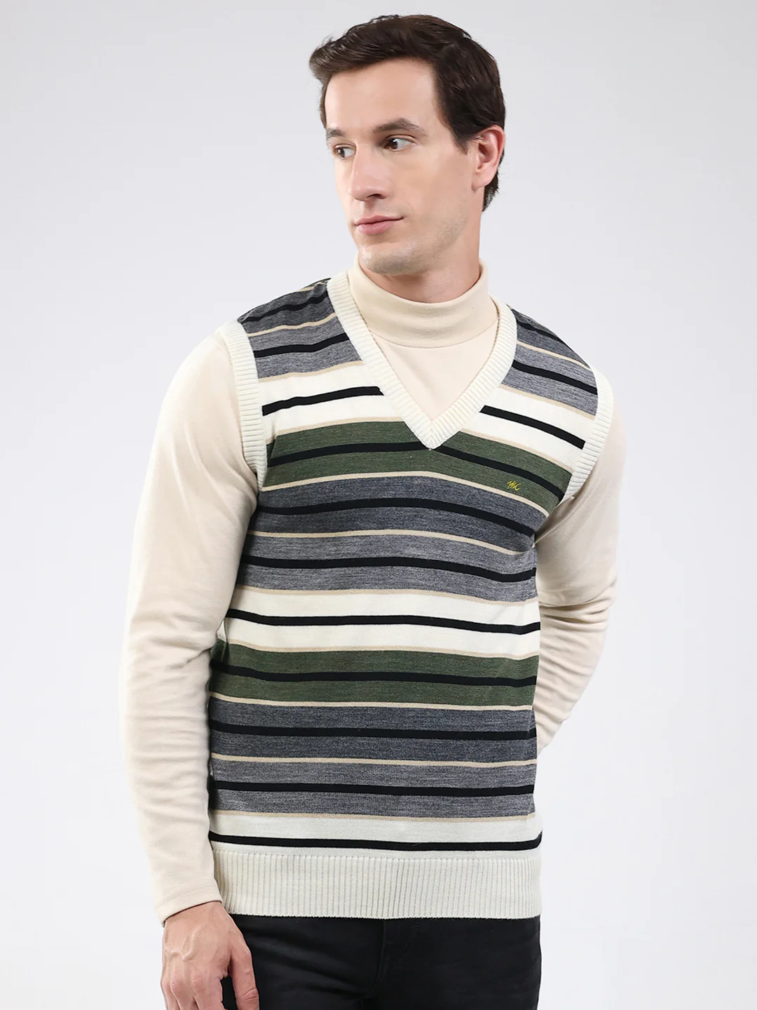 Men White & Grey Stripe V Neck Sleeveless Sweater