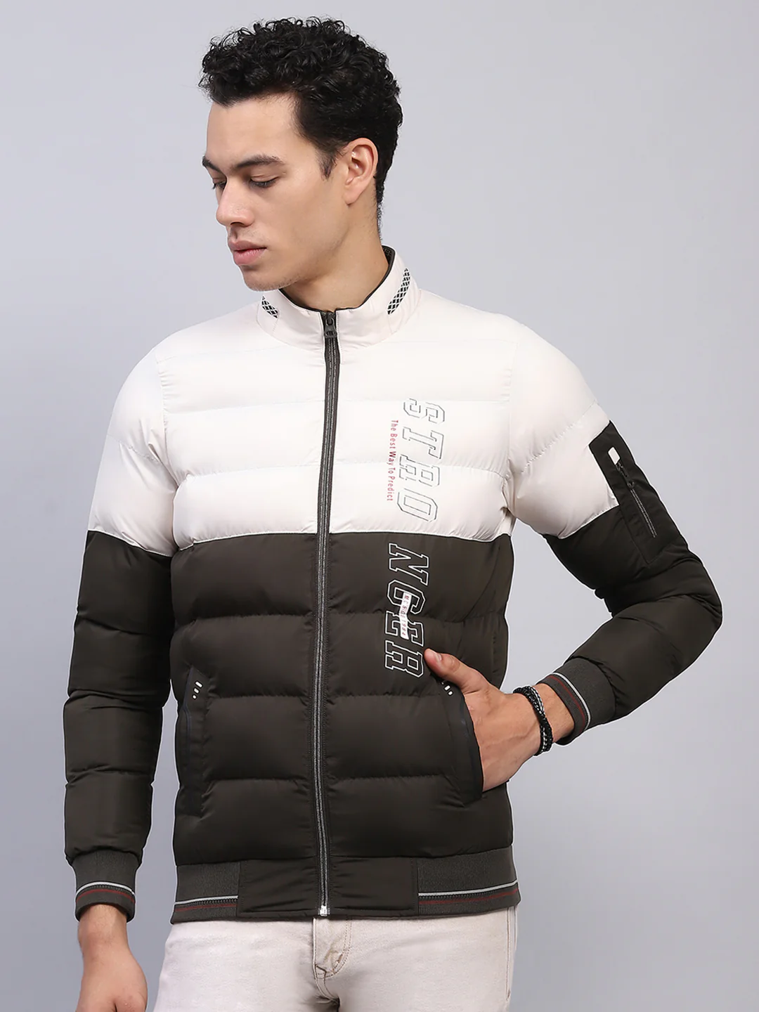 Men White & Olive Printed Mock Neck Full Sleeve Jacket