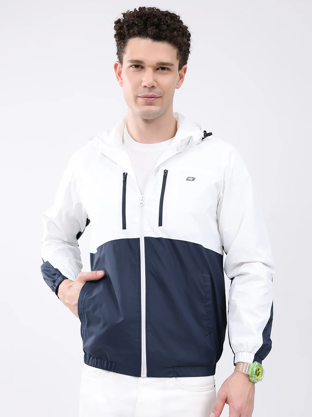 Men White Printed Collar Full Sleeve Jacket