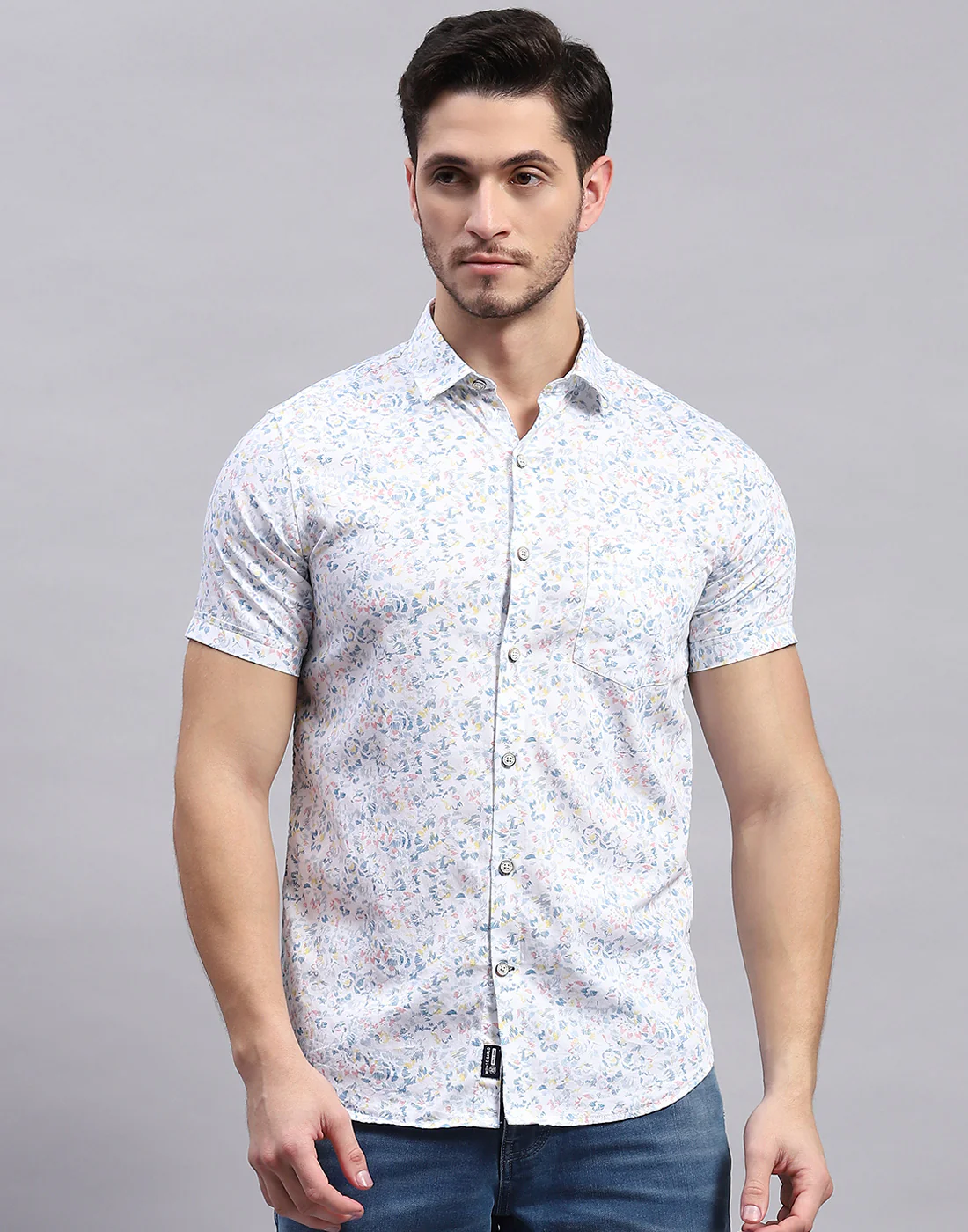 Men White Printed Collar Half Sleeve Shirt