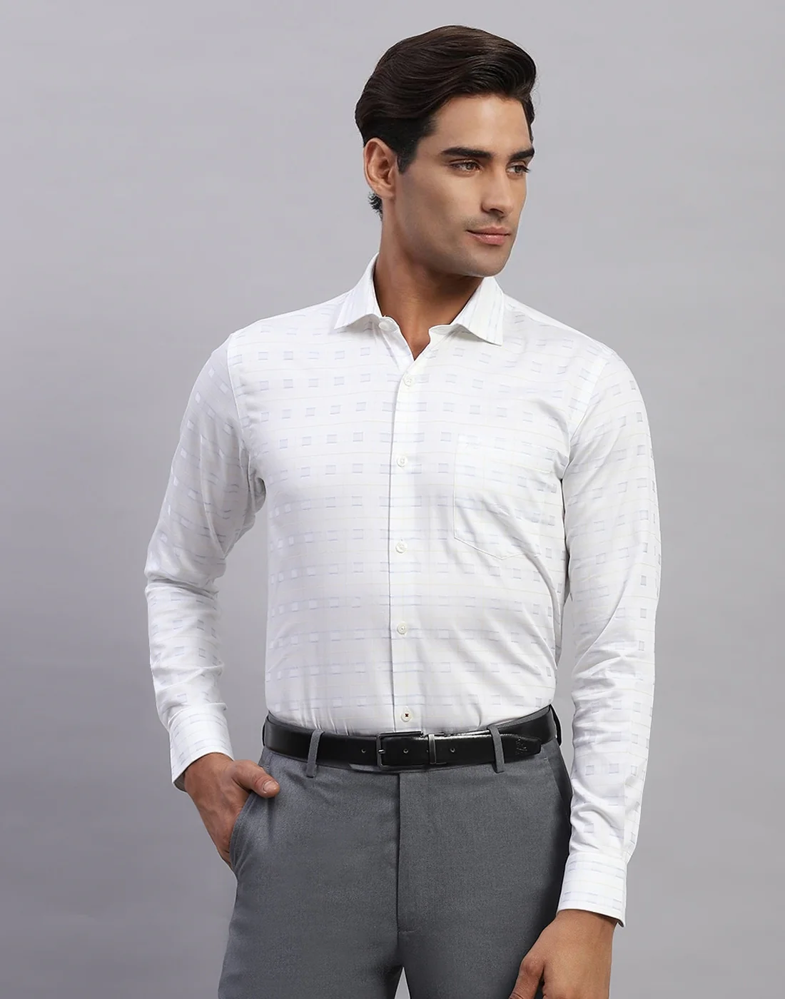 Men White Self Design Collar Full Sleeve Shirt - Image 2