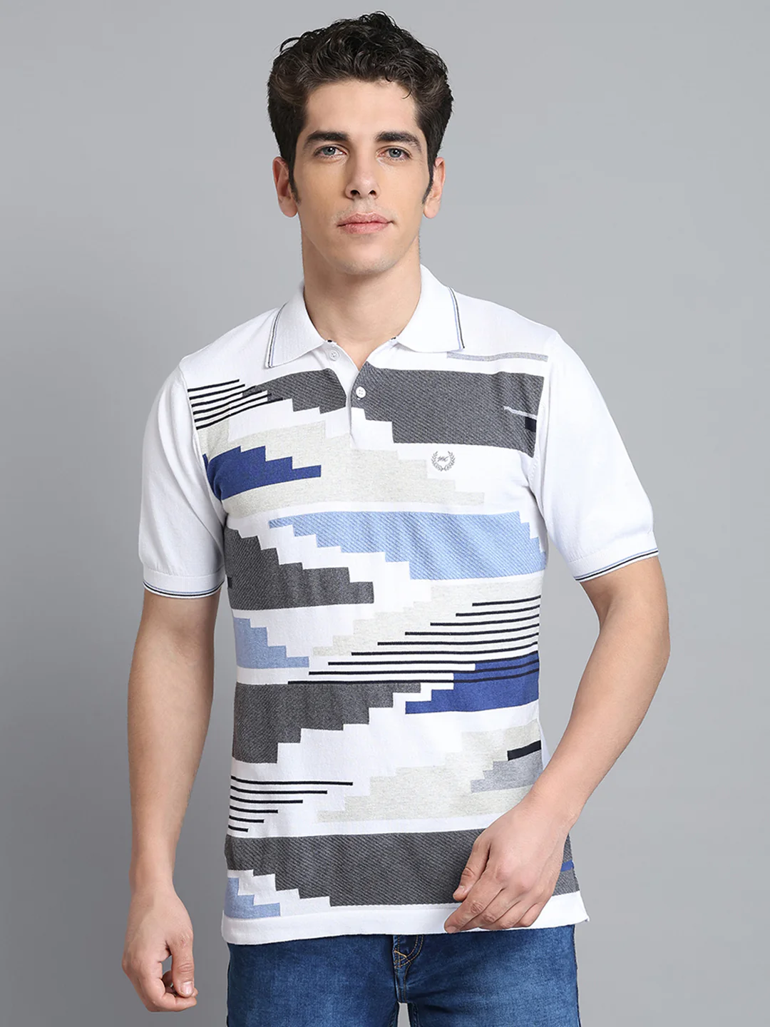 Men White Self Design Collar Half Sleeve T-Shirt