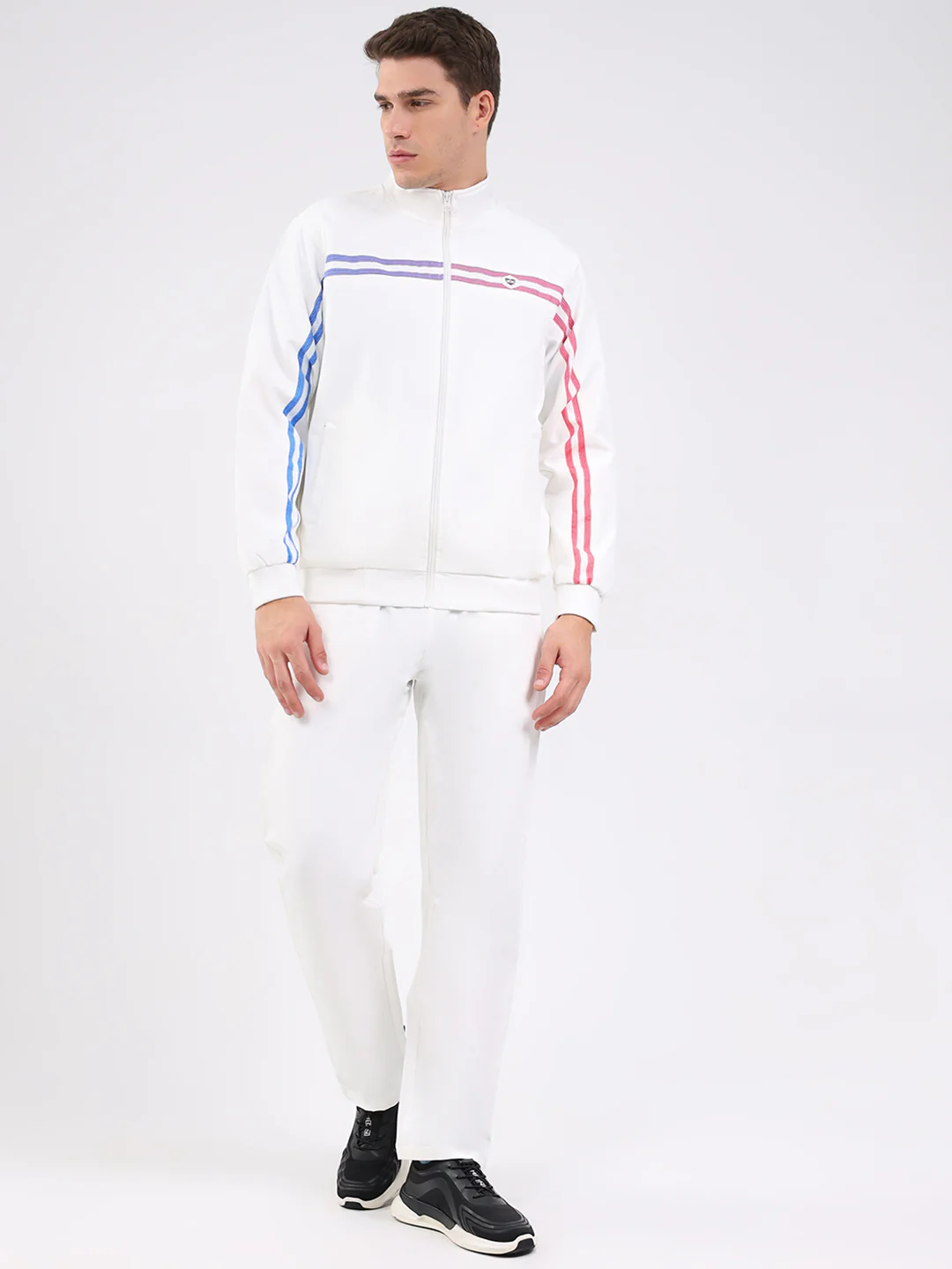 Men White Solid Mock Neck Full Sleeve Winter Tracksuit