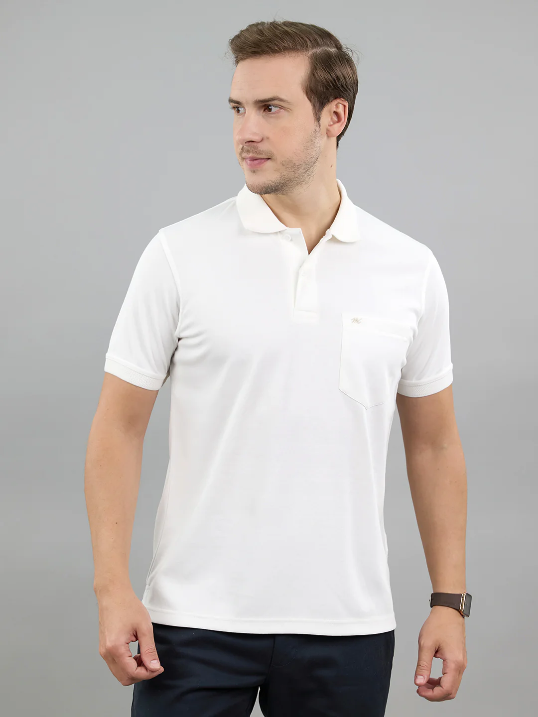 Men White Solid Polo Collar Half Sleeve T-Shirt